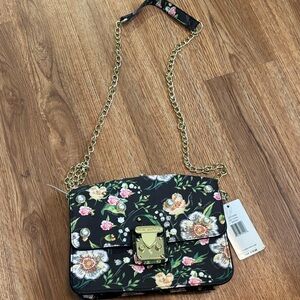 Floral Black Crossbody Bag with Gold Chain